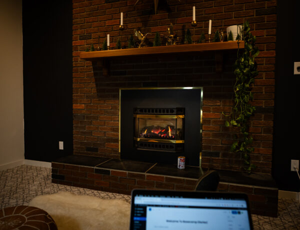 POV sitting on a sofa with legs out, laptop on lap in front of a fireplace. There is a sheepskin rug on the floor. Mantel is decorated in brass candleholders, brass Canada geese figurines, and green bottle brush trees, a pothos is to the right